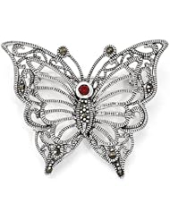 Sterling Silver Marcasite Red CZ Butterfly Pin
