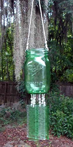 Green Ball Canning Jar, Pint Sized, Upcycled Into a Windchime with Stained Glass Chimes