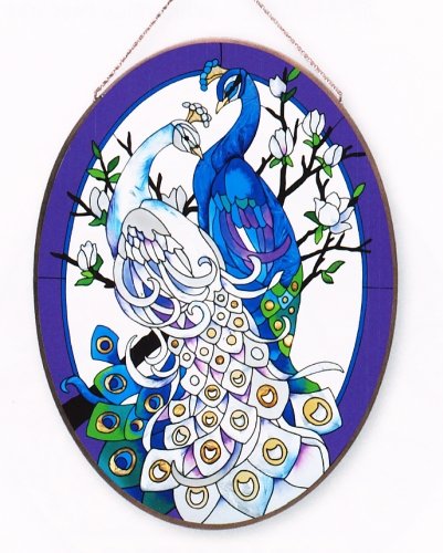White/Blue Peacocks Metal-Framed Stained Glass Art Panel 17.25 W X 23 H Joan Baker Designs APM804