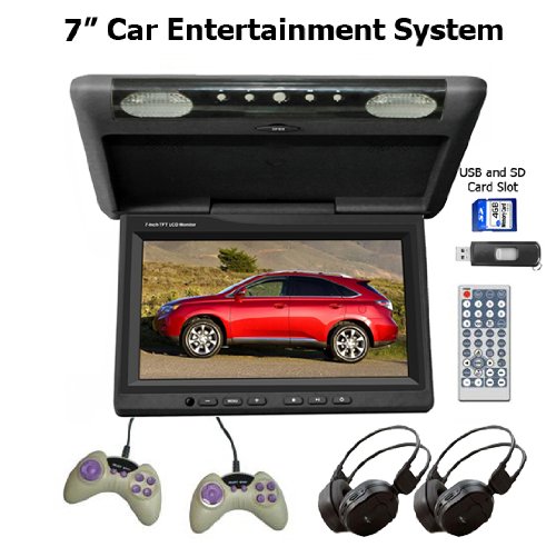 Car 7 Entertainment System, 7 Flip Down TFT Monitor with Built-in DVD Player and Games. Built-in FM and IR Transmission. Includes 2 Wireless Headphones and 2 Game Controllers