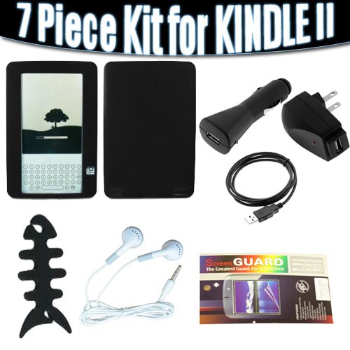 51nPUEazDPL Brand New 7 in 1 Deluxe Accessory Kit for Kindle 2 (HQ Silicone case, 3 x premium screen protector, Stereo earphones, Micro USB cable, USB Home charger, Usb Car Charger and Key ring Fish bone cable wrap)