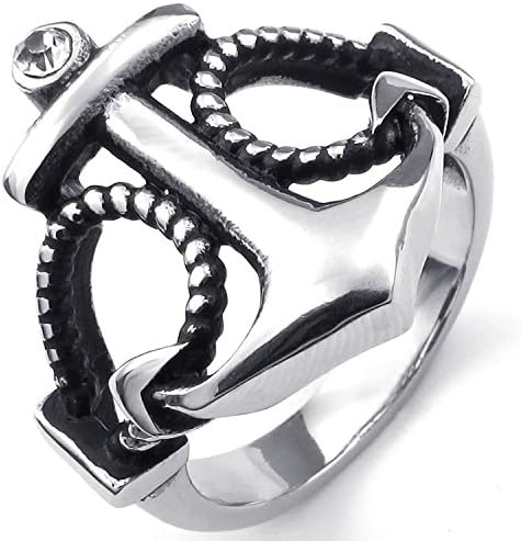 Mygoodie Jewelry Mens Womens Cubic Zirconia Stainless Steel ring, Vintage Anchor, Silver Black