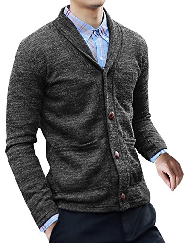 Allegra K Men Shawl Collar Straight Pockets Front Knit Cardigan Dark Gray S