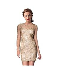 Sequined Backless Lace Tulle Knee Length Bateau Neck Long Sleeves Evening Dress/Mother-of-the-Bride Dress/Prom Dress/Wedding Party Dress 