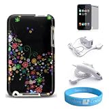 Apple iPod Touch 2nd and 3rd generation Black Rainbow Garden Protector Case + Mirror Screen Protector + itouch 2g 3g Wall Charger + Car Charger + Wristband