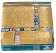 Authentic Murano Glass Paperweight, 24k Gold with Maze of Millefiori on Aqua Base, Gift Boxed