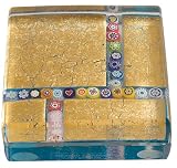 Authentic Murano Glass Paperweight, 24k Gold with Maze of Millefiori on Aqua Base, Gift Boxed