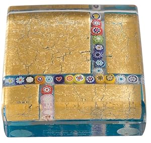 Authentic Murano Glass Paperweight, 24k Gold with Maze of Millefiori on Aqua Base, Gift Boxed