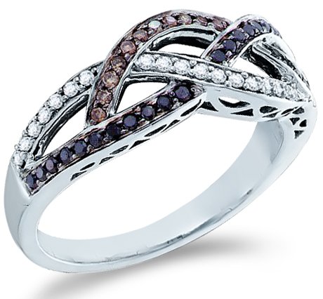 14k White Gold Black, Brown Chocolate & White Diamond Cross Over Round Cut Womens Diamond Wedding Anniversary Fashion Ring Band (1/3 cttw, H Color, I1 Clarity)