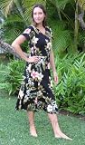 Tea Length Cap Sleeve Dress - Hibiscus Stephanotis V-Neck Pull Over Style Hawaiian Aloha Bottom Flare Long Dress - Regular Size