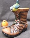 Old Garden Boot Planter With Robin & Bluetit (A184)