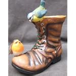 Old Garden Boot Planter With Robin & Bluetit (A184)