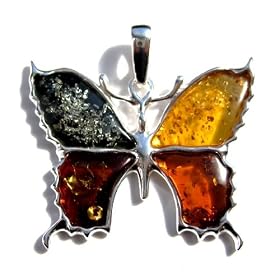 Multicolor Amber and Sterling Silver Butterfly Pendant