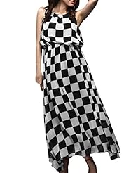 Checkered Print Chiffon Sleeveless Round Neck Elasticized   Waistline Floor Length Prom Dress 