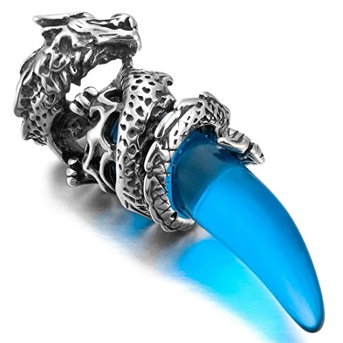Men's Stainless Steel Pendant Necklace Crystal Silver Blue Dragon Wolf Tooth Tribal -with 23 inch Chain