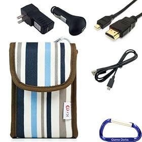 Gizmo Dorks Soft Nylon Canvas Case (Blue Stripes), Charging Bundle, and HDMI Cable with Carabiner Key Chain for the Kodak Camera Playsport Zx5 or Kodak Playfull Camera