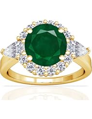 18K Yellow Gold Round Cut Emerald Ring With Sidestones