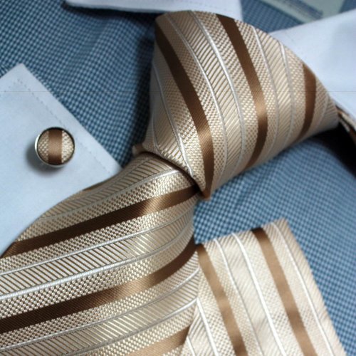Beige Stripes Woven Silk Neckie Handkerchiefs Cufflinks Gift Box Set beige hanky series Pointe Tie PH1121