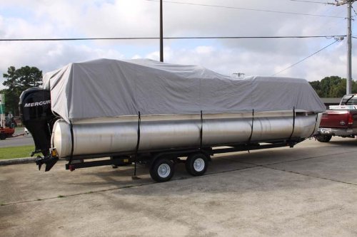 BRAND NEW GREY/GRAY ULTRA PONTOON BOAT COVER, BEST AVAILABLE, TRI-PURPOSE, FOR STORAGE, MOORING, OR TRAILERING, HAS ELASTIC AND STRAPS FITS 21 22 23 24 FT LONG