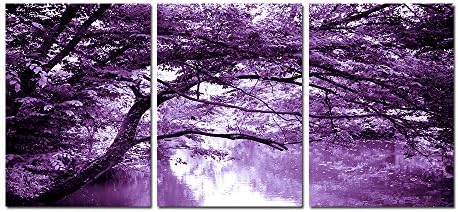 Eden Art 3 Panels Purple Tree Branches above the Lake Pictures Photo Prints on Canvas Walls Paintings, HD Modern Giclee Wall Artrwork Painting for Home Bedroom Decor, Stretched and Framed