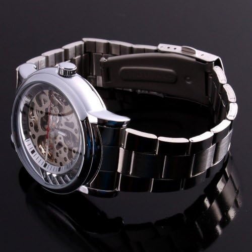 Yajing Mens Mechanical Watch Skeleton Analog Sport Dres Wristwatch Stainless Steel Band White