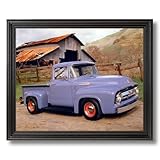 IMAGE OF Solid Wood Black Framed Ford F100 Pickup Vintage Truck Automobile Pictures Art Print