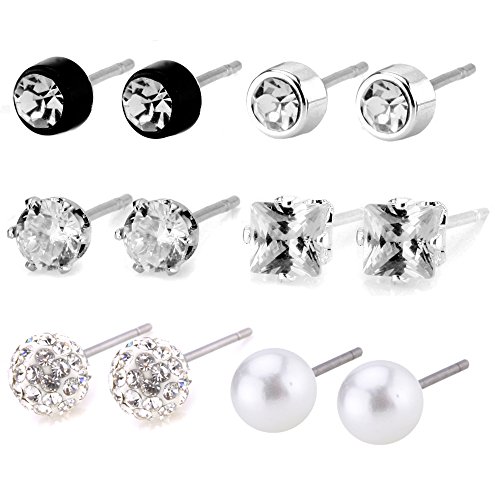 Charisma Stainless Steel Cubic Zirconia Crystal Pave Faux Pearl Round Square Stud Earring Set Mix Lot Assortment Pack