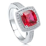 Sterling Silver Cushion Ruby Cubic Zirconia CZ Micro Pave Halo Ring - Nickel Free Engagement Wedding Ring
