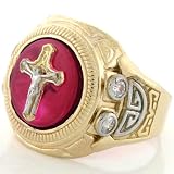 10K GOLD TWO-TONE RUBY RED STONE CROSS JESUS MENS RING