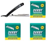 Kit de rasage traditionnel comprenant 300 lames de rasoir Derby professionnelles à simple tranchant et un rasoir droit Shaving Factory!