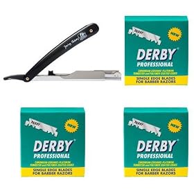 Kit de rasage traditionnel comprenant 300 lames de rasoir Derby professionnelles � simple tranchant et un rasoir droit Shaving Factory!