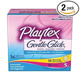 Playtex Gentle Glide Tampons, Unscented, Multipack of 18 Regular and 18 Super Absorbency Tampons, 36-Count Boxes (Pack of 2)