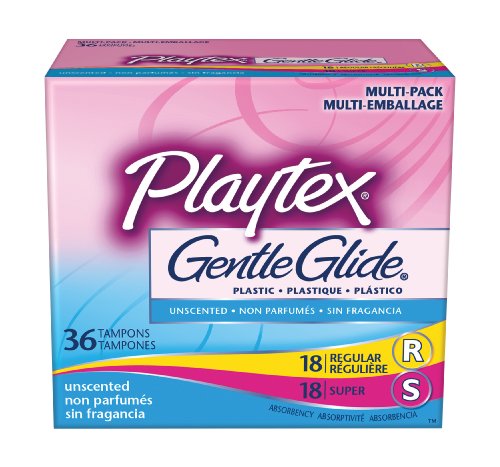 Playtex Gentle Glide Tampons, Unscented, Multipack of 18 Regular and 18 Super Absorbency Tampons, 36-Count Boxes (Pack of 2)
