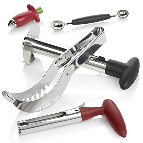 5 PC Watermelon Slicer Cutter Set w/ Pineapple Corer Peeler Slicer, Strawberry Huller Pitter, Apple Corer & Melon Baller; Best Selection Of Stainless Steel Fruit Cutters Make Perfect Cooking Gift Set!