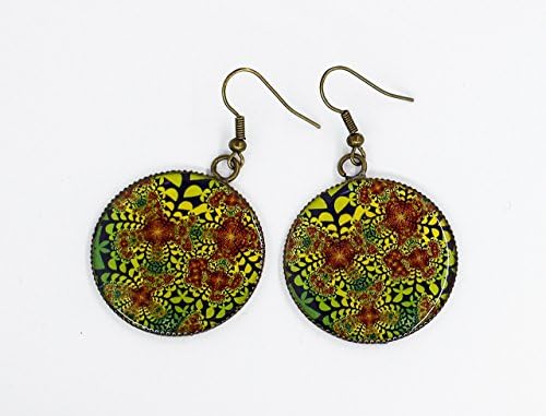 E29 Geometric Bright Circle Flower Floral Pattern Green Yellow Brown Round Earrings Gift for Women Unique Exlusive Handmade Summer Photo Print Epoxy Brass casual jewelry