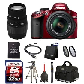 Nikon D3200 Digital SLR Camera With AF-S DX NIKKOR 18-55mm 1:3.5-5.6G VR Lens (Red Body) + Sigma 70-300mm Zoom Lens + Spare Battery + Deluxe Camera Gadget Bag + LexSpeed 32GB Class 10 SDHC Memory Cards + Two Multi-Coated 3PC Filter Kits + Deluxe Camera Gadget Bag + Sunpak 620-9002TM 58-Inch Tri-Mono