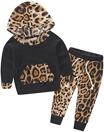 Babylover Newborn Infant Baby Girls Boy Leopard Pattern Bodysuit Hoodie Pants 2pcs Outfits Set (90)