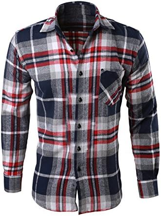 XQS Men's Casual Long Sleeve Button down Flannel Shirt Blue Orange Medium