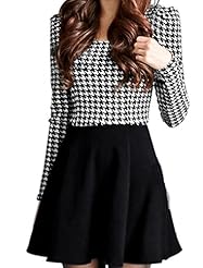 Houndstooth Print Stretchy Corset   Waistline Cotton/Polyester Long Sleeves Above the Knee Round Neck  Dress