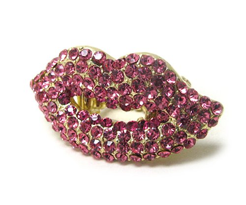 Sales Goldtone Valentine Pink Crystal Lips Stretch Fashion Ring