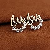 Elegant Crystal Rhinestone Alloy Heart Letter Love Ear Stud Earrings Women Jewelry Charm
