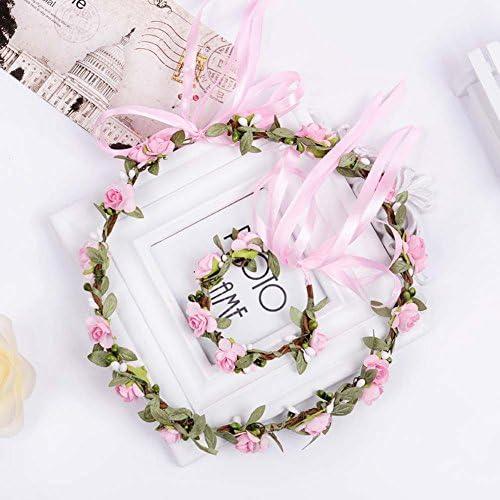 Festival Boho Fake Rose Flower Head Crown Headband Hippie Hair Wreath Floral Hairband Circlet Halo Bohemian Wedding Headpieces Headdress Headwear for Teens Pink (Headband and Wristband Set)