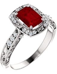 18K White Gold 7.00x5.00mm Emerald Cut Chatham Created Ruby and Diamond Ring -- LIFETIME WARRANTY