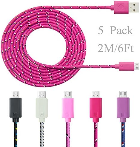 oneBuyone 5pcs Durable Braided Rope Micro USB Data Cable(6 Feet/2 meter) Sync Cord for Samsung Galaxy S4 S3 Note 2 HTC One M8 LG Google Nexus 7 (Black/White/Pink/Purple/Hot Pink)