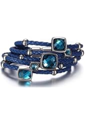 Blue Braided Leather Five Strand Bracelet with Squares and Rings.