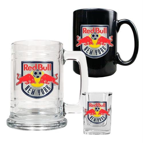 New York Red Bull 15 Ounce Tankard, 15 Ounce Ceramic Mug and 2 Ounce Shot Glass Set  (Primary Team Logo)