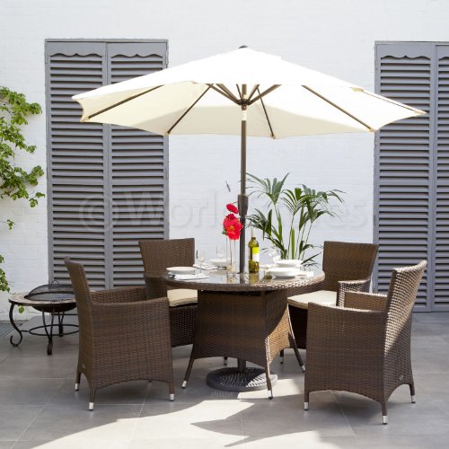 WorldStores Rattan Rectangular 4 Seater Dining Set in Black with Parasol