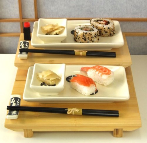 Sushi set white with black medallion calligraphy for two