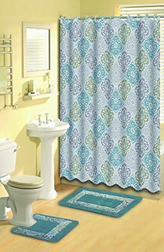 Home Dynamix Bath Boutique 15-Piece Bathroom Rug Set, Shower Curtain &amp; Shower Rings, Turquoise