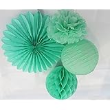 SUNBEAUTY Mint Series Mint Green Tissue Paper Pompom Paper Fan Mint Honeycomb Ball and Mint Green Paper Lanterns Pack of 4